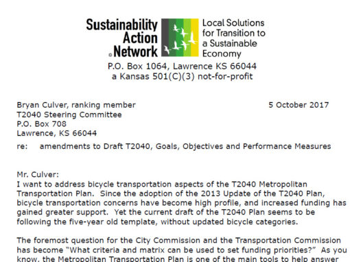 Bicycle transportation aspects of the T2040 Metropolitan Transportation Plan for Lawrence KS.