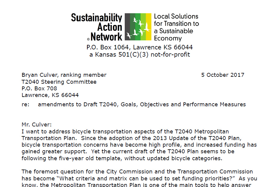 Bicycle transportation aspects of the T2040 Metropolitan Transportation Plan for Lawrence KS.